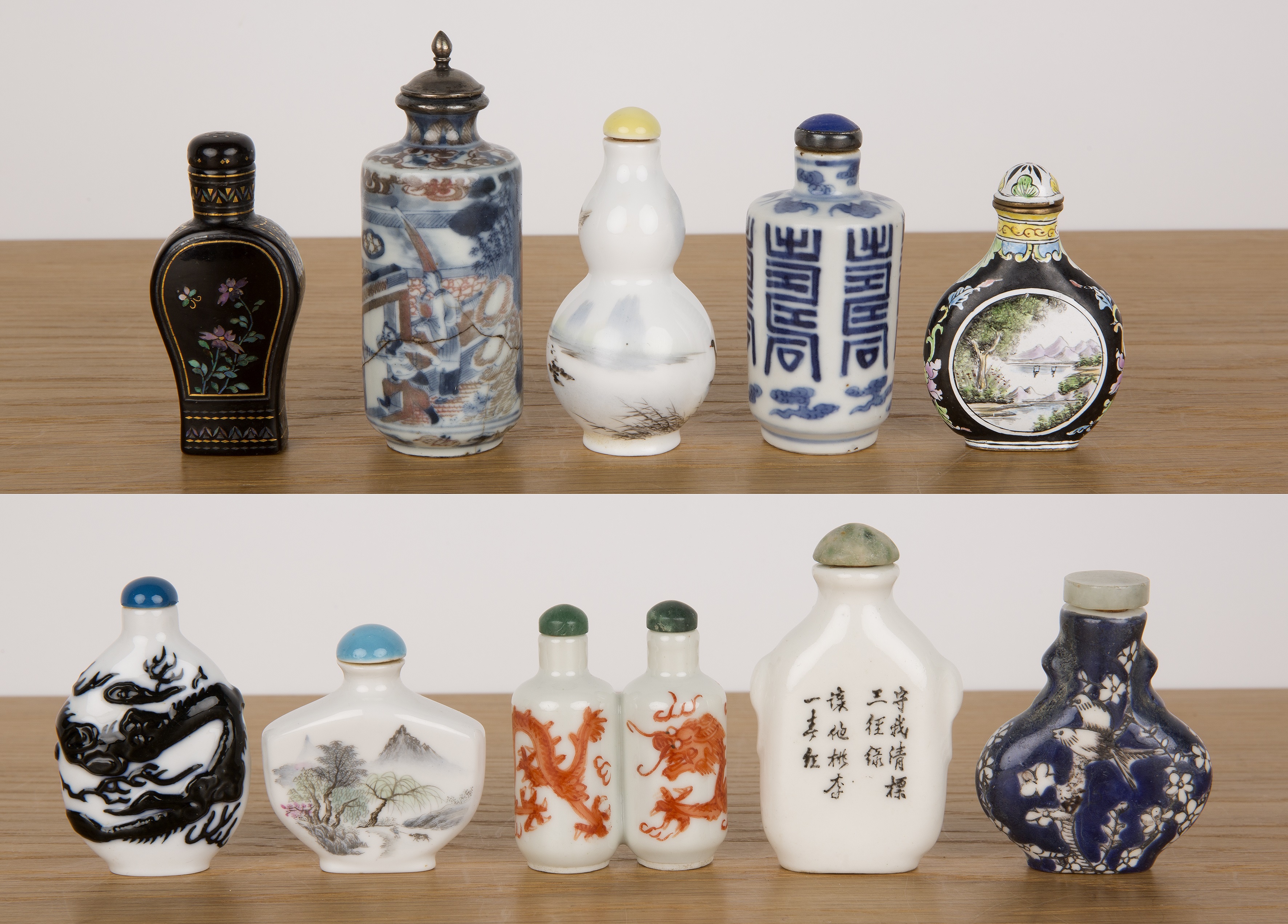 Group of ten snuff bottles Chinese, late 19th/20th Century including enamel, lacquer, and - Image 2 of 4