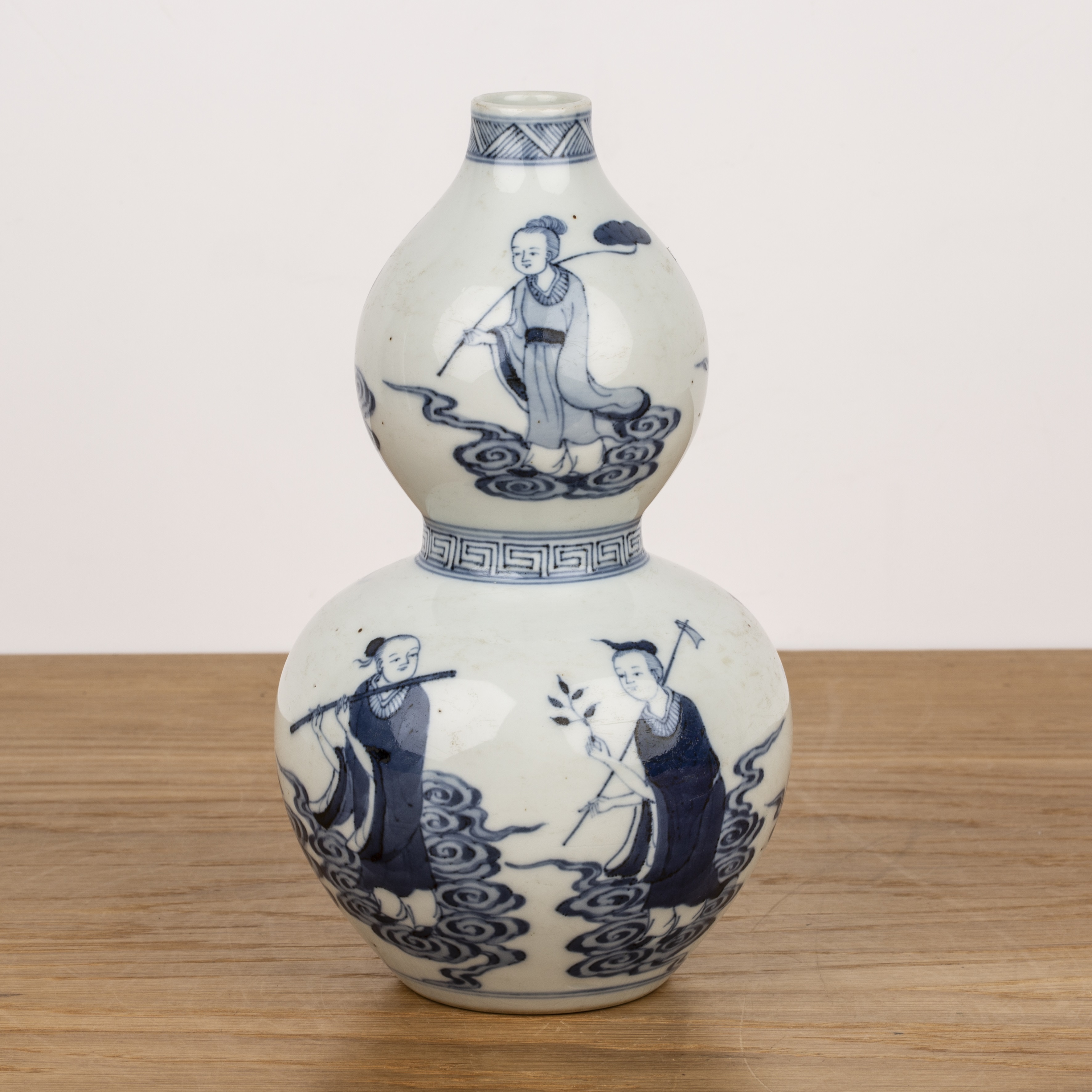 Double gourd blue and white vase Chinese, 19th Century painted with scholars, musicians above and - Image 3 of 4