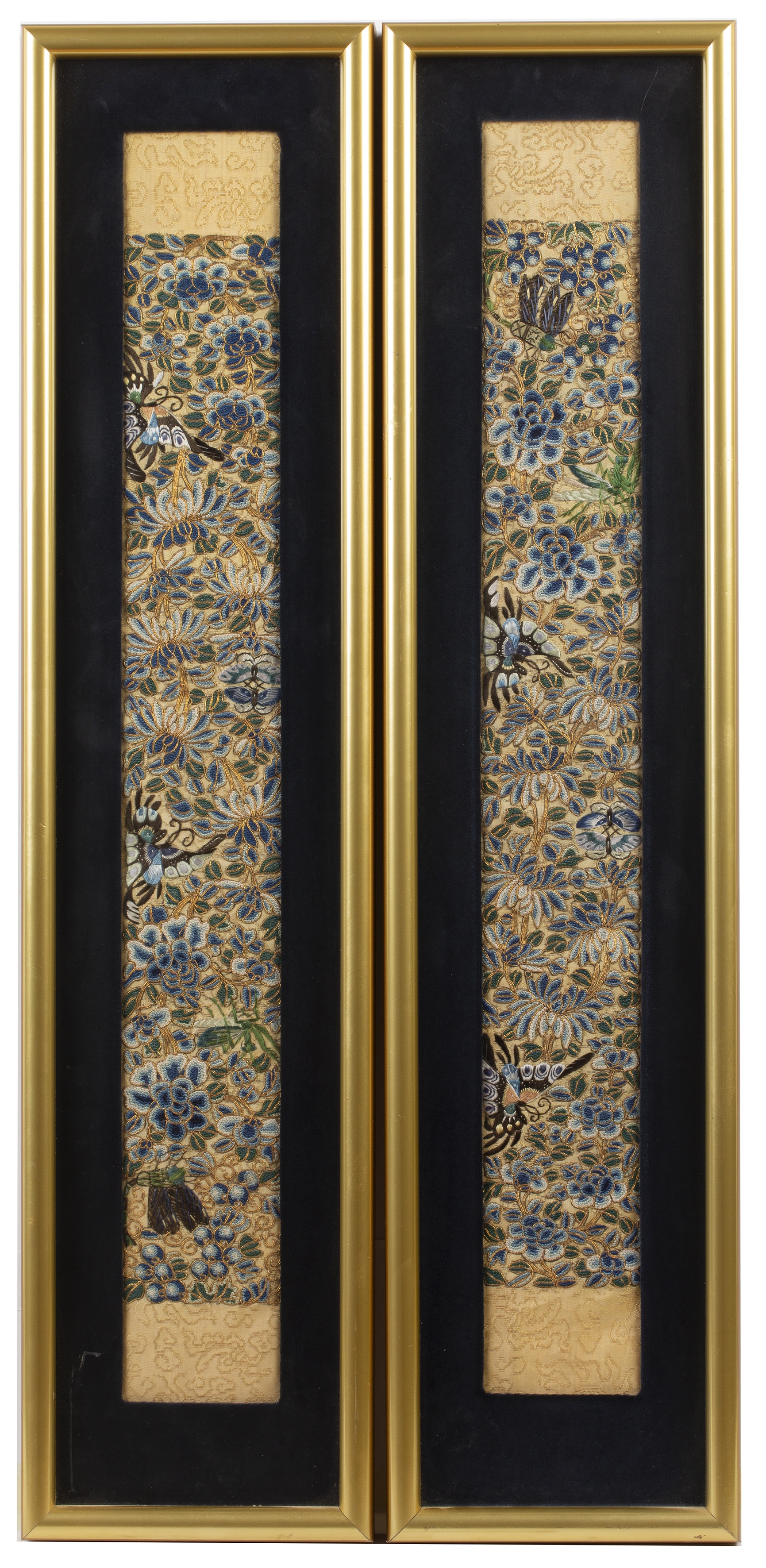 Pair of framed sleeve bands Chinese, late 19th Century Kesi and gold work on silk ground, - Image 2 of 3