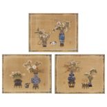 Three silk studies Chinese painted with vases of flowers and 'antiques', with oval signatures,