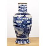 Blue and white vase Chinese, 19th Century with an extensive mountain and lake landscape, within a