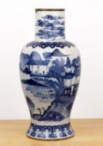 Blue and white vase Chinese, 19th Century with an extensive mountain and lake landscape, within a