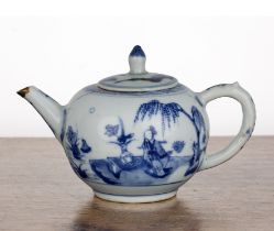 Blue and porcelain ovoid teapot Chinese, 18th Century painted with scholars at a table, 17cm long