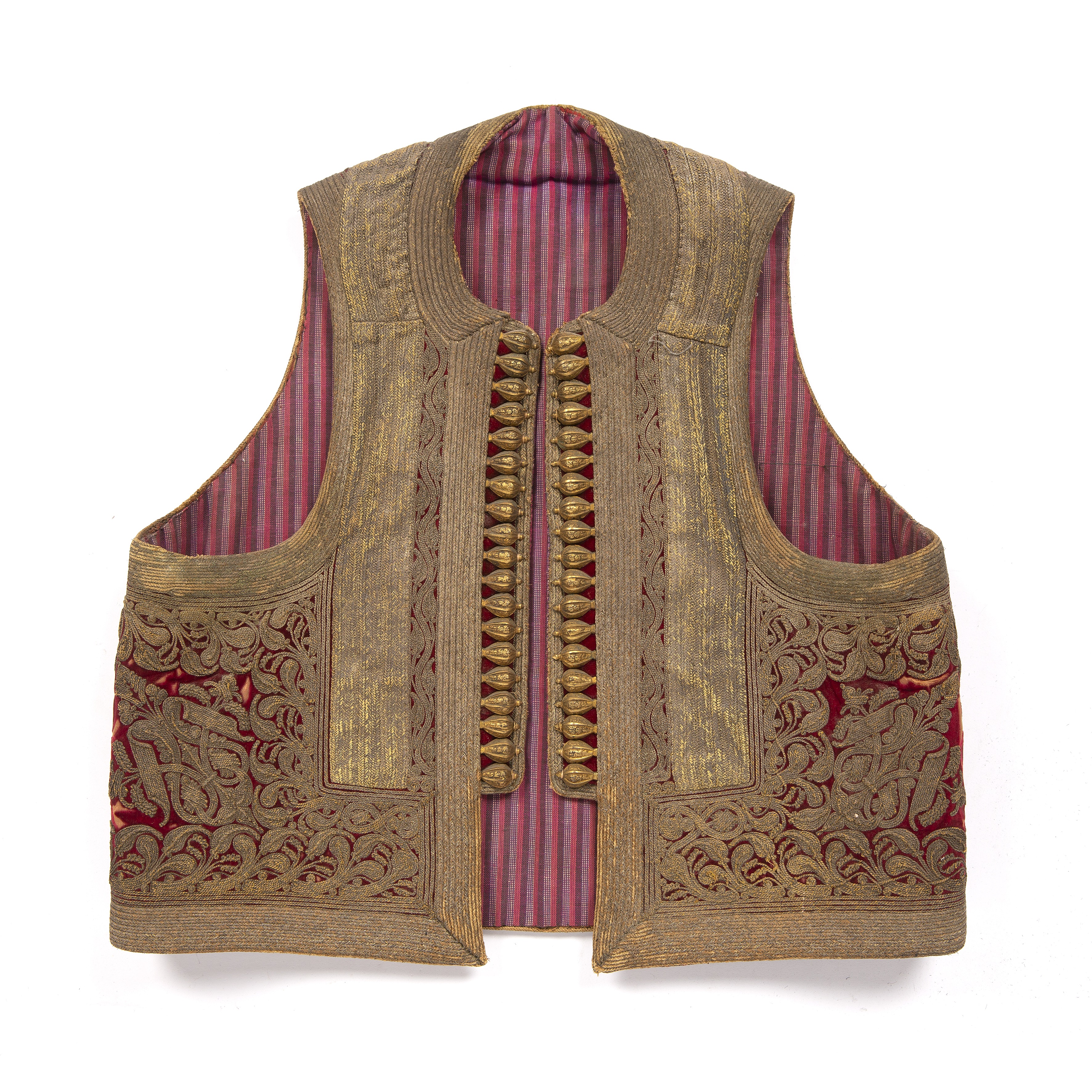 Velvet waistcoat Ottoman burgundy ground with deep gold embroidery, the embroidery in the form of