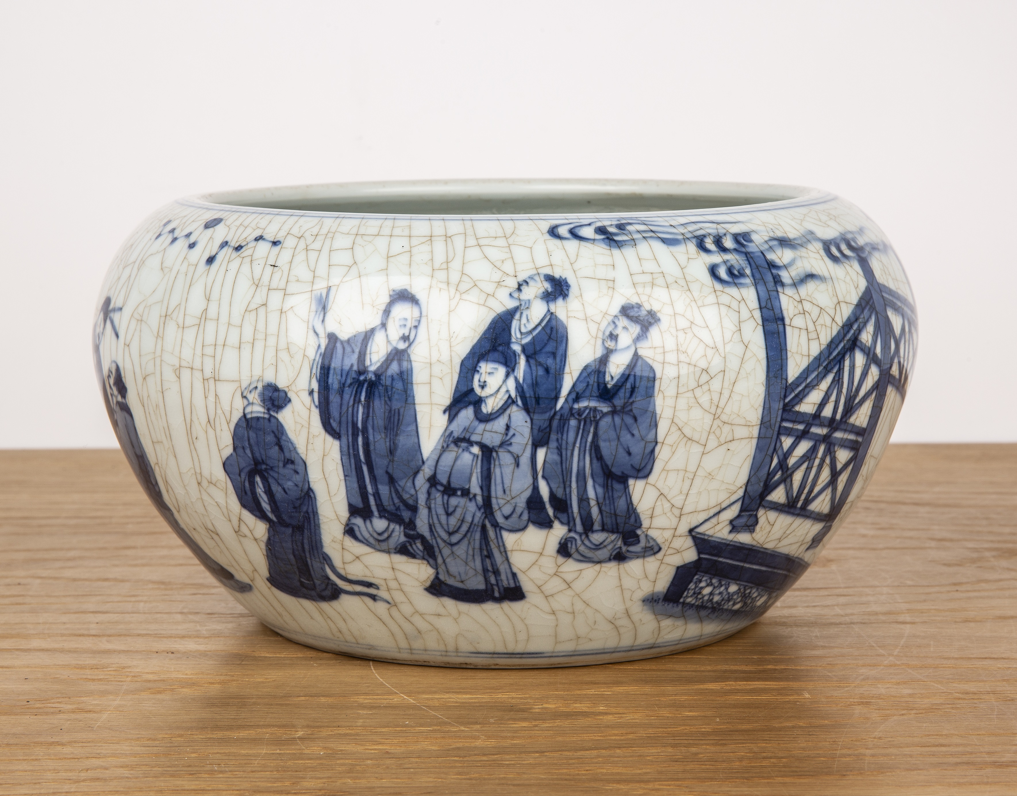 Cracked ice porcelain bowl Chinese, 19th Century painted with scholars around the side, 26cm - Image 2 of 12