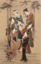 After Shunshō Katsukawa (1726-1793) Japanese print, 'Seven beauties in a bamboo grove', 32cm x