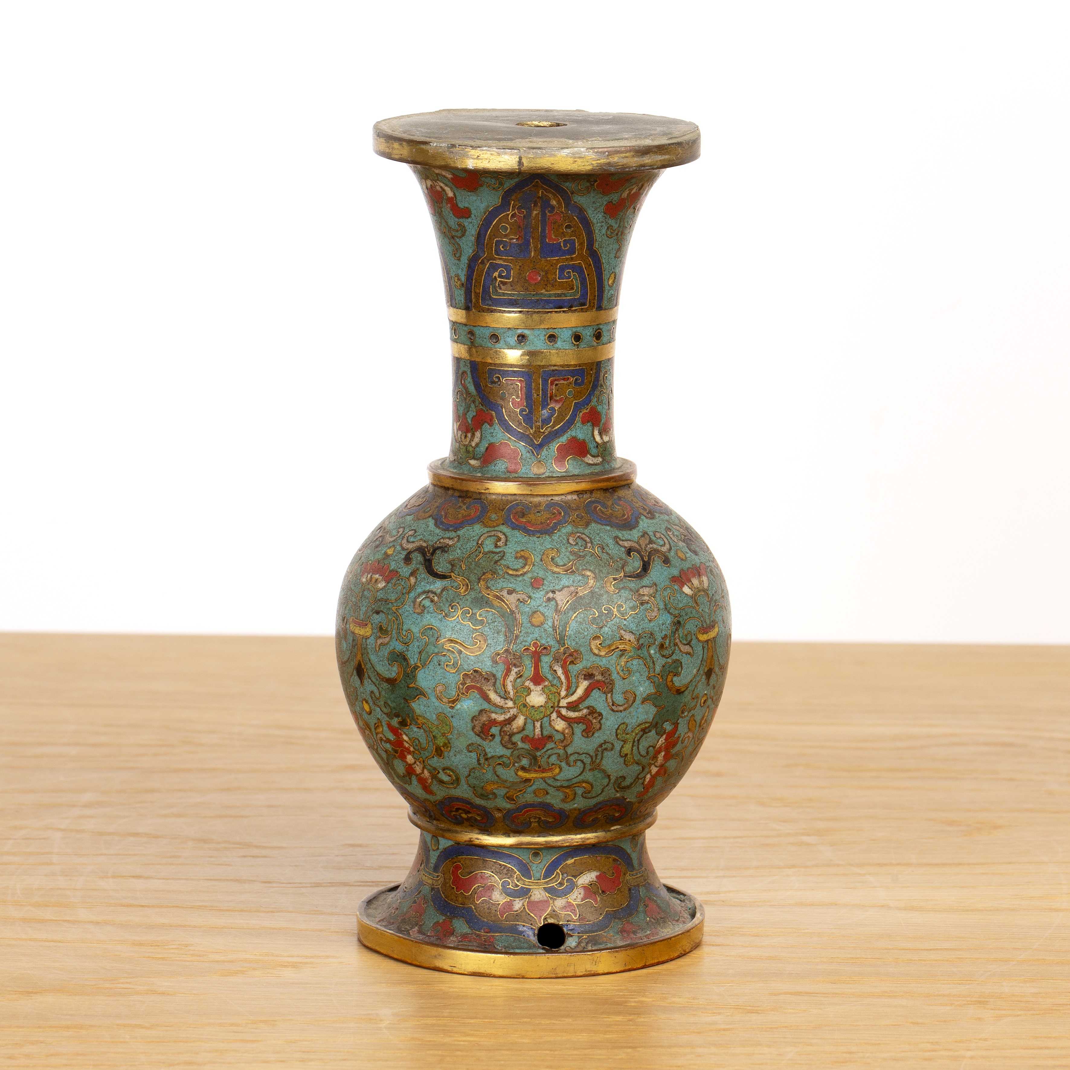 Cloisonne vase Chinese, Qianlong with taotie, lotus and ruyi decoration, 21.2cm high The vase has