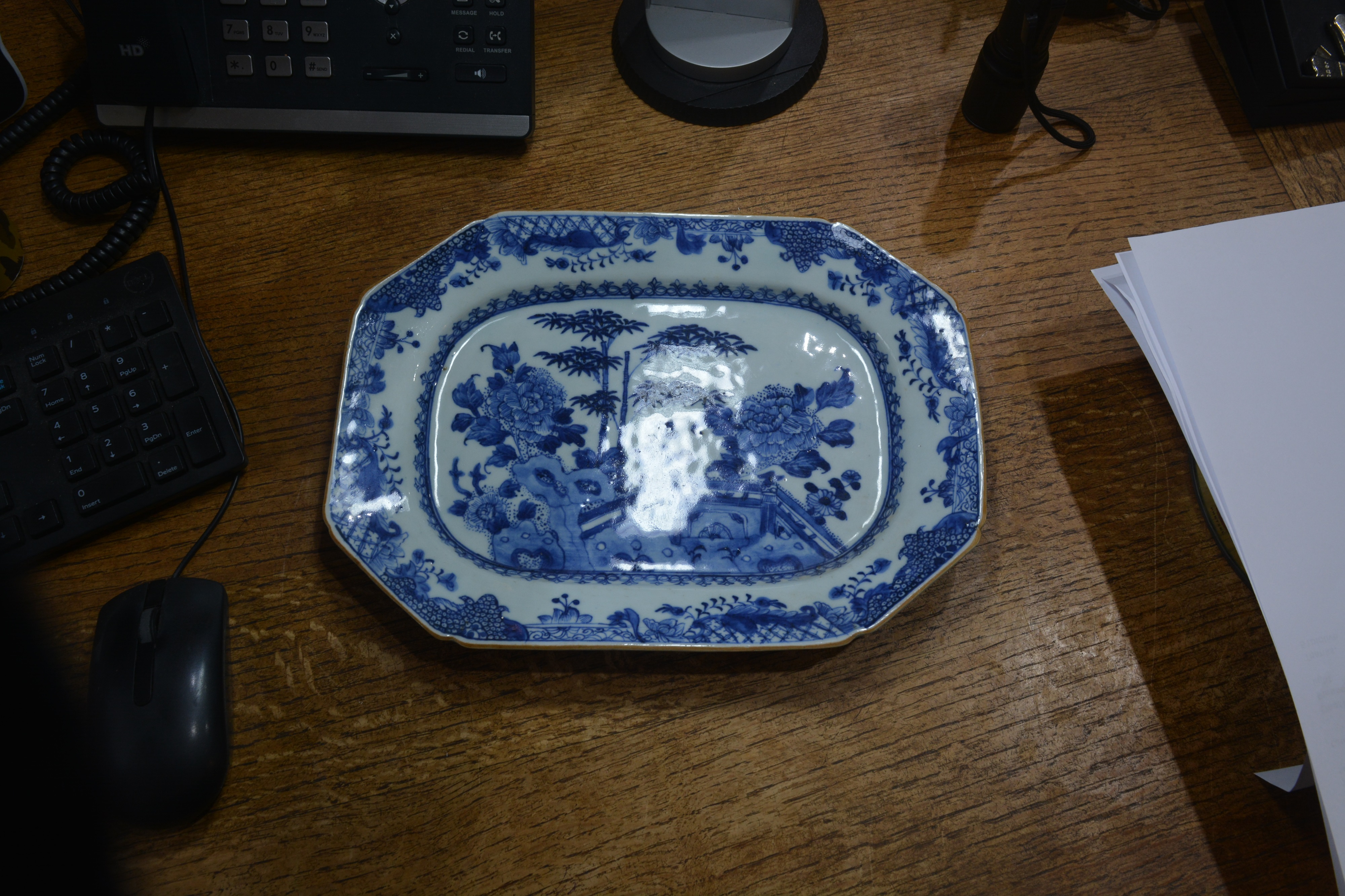 Two export blue and white porcelain meat dishes Chinese, circa 1800 one with a landscape scene of - Image 14 of 17