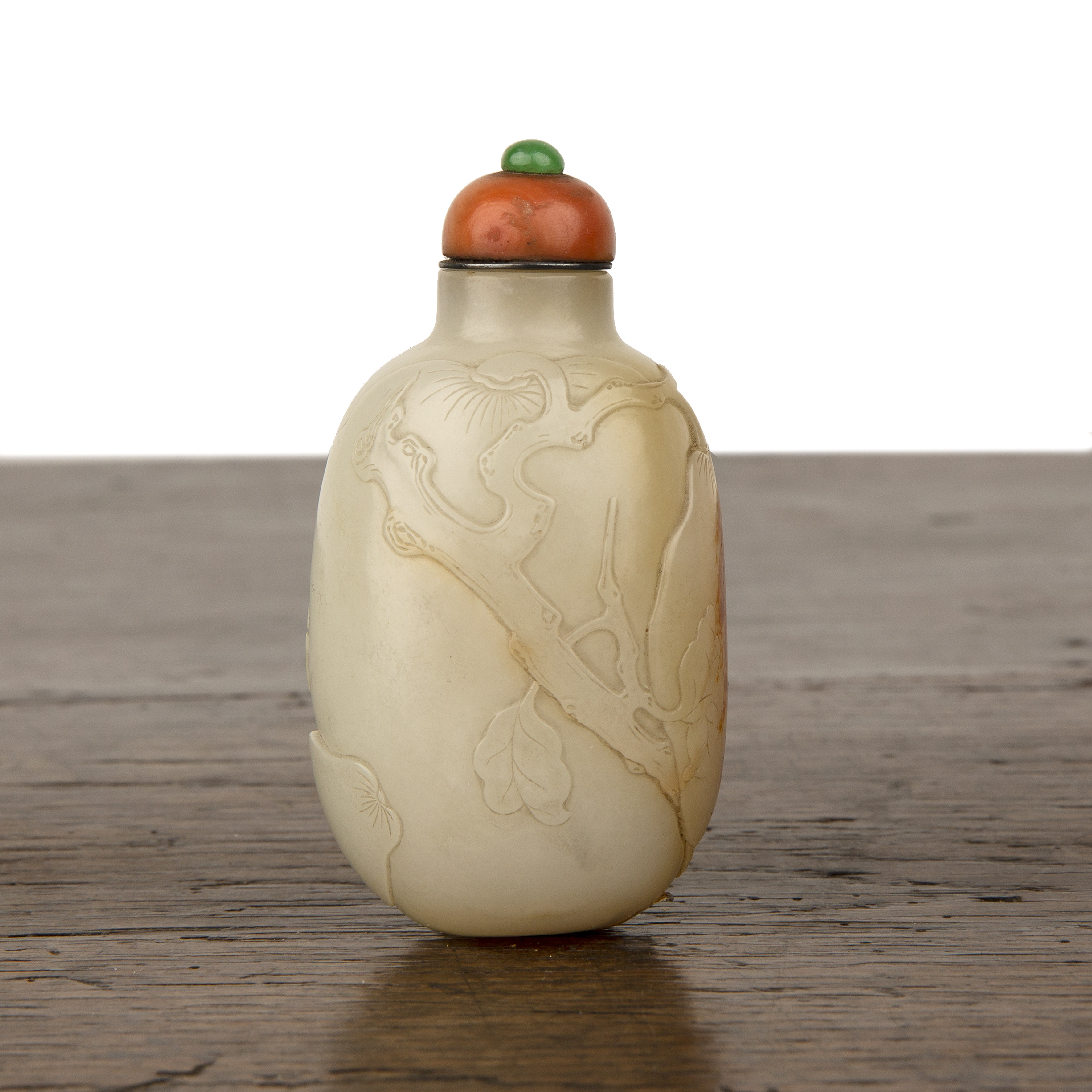 Nephrite snuff bottle Chinese, 1750-1780 of rounded elongated pebble shape carved in low relief - Image 4 of 13