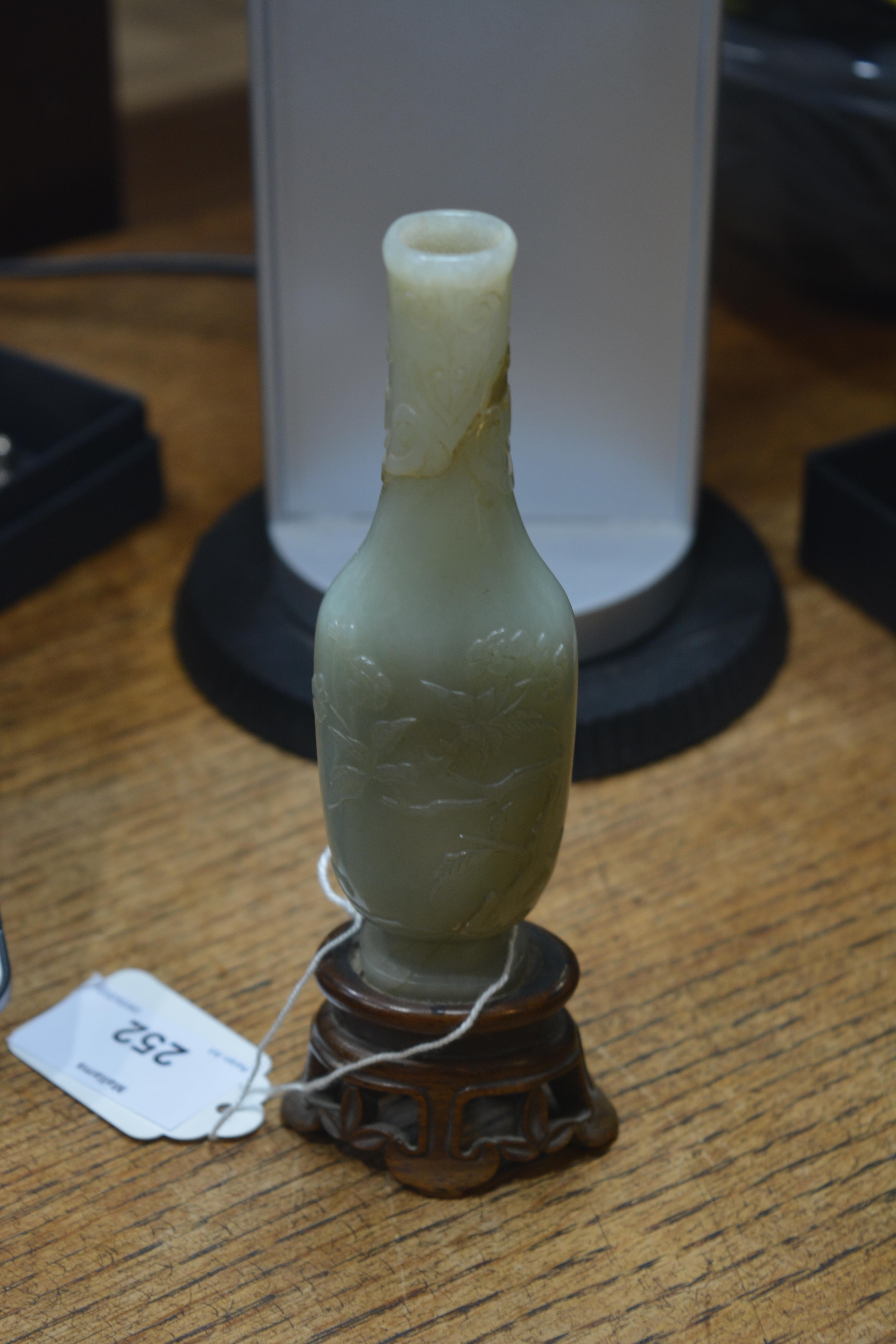 Small jade miniature vase on a wood stand Chinese, 18th/19th Century carved with flowers and - Image 7 of 10