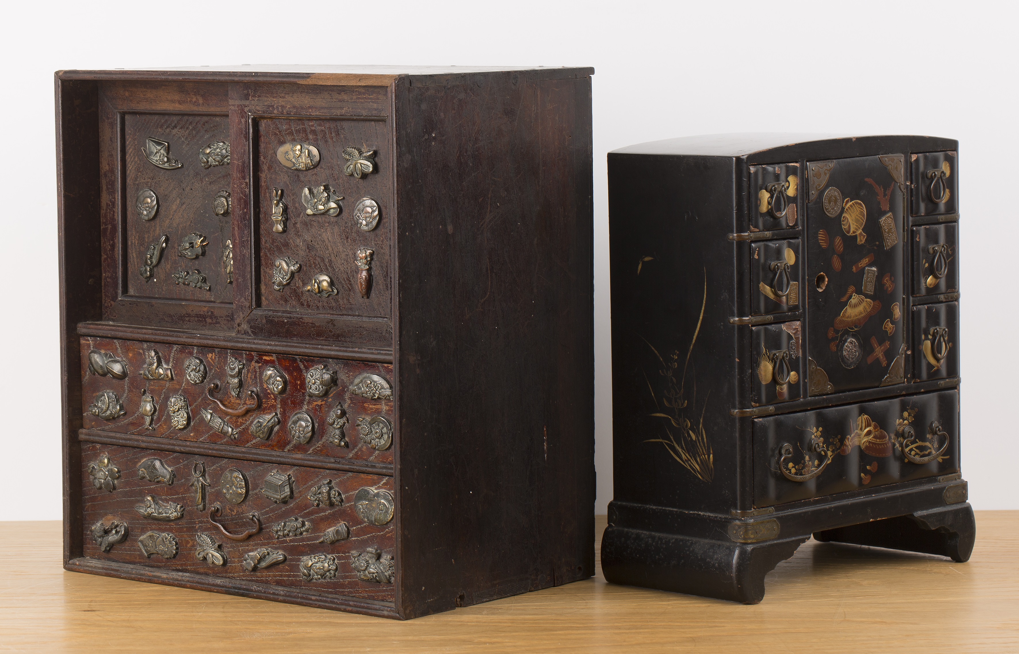 Two table cabinets Japanese, circa 1900 one lacquered, 21cm wide x 27.5cm high and a burr wood - Image 3 of 4