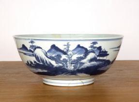 Blue and white porcelain bowl Chinese, Transitional period painted with a lake landscape with