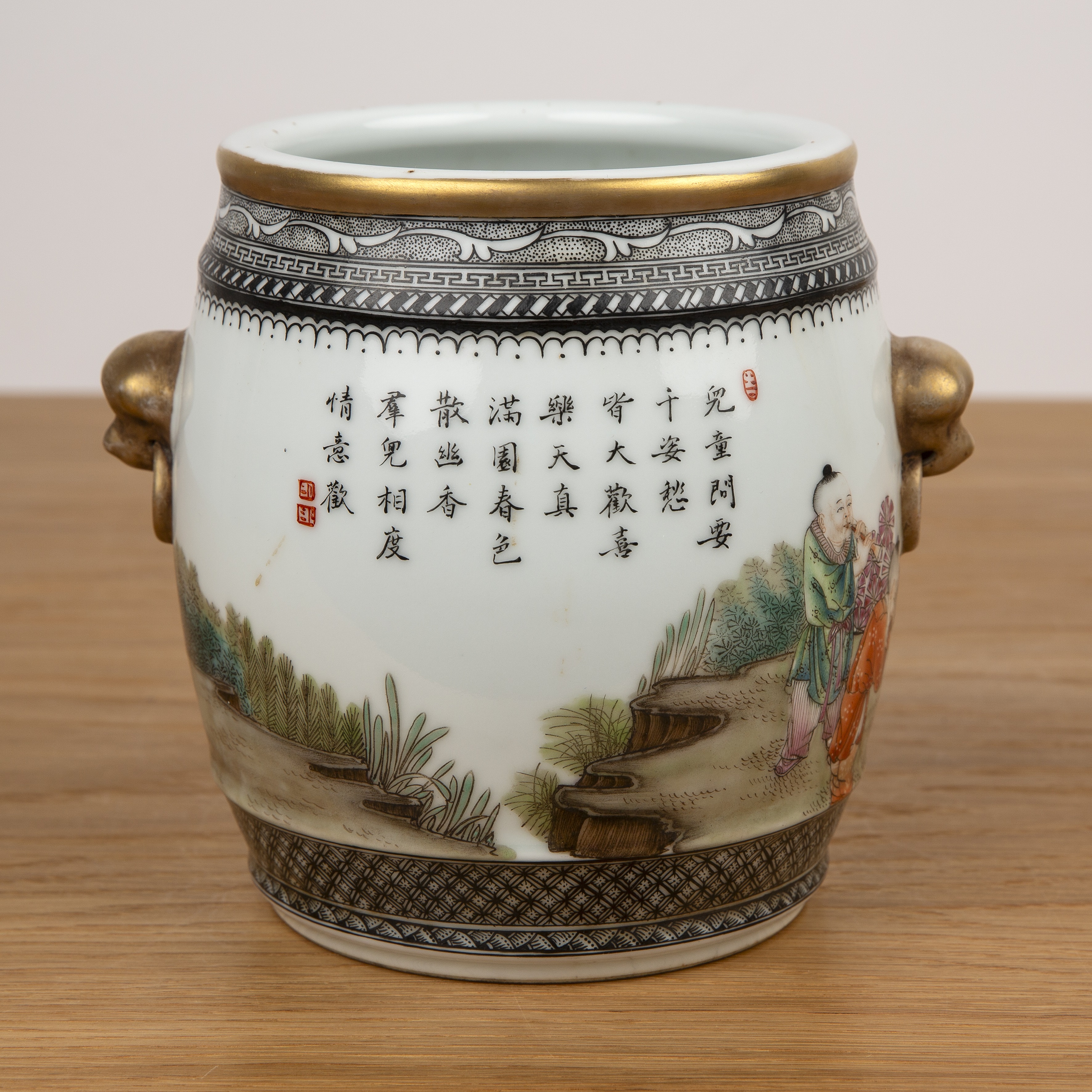 Porcelain barrel vase Chinese, Republic or later with a painted garden scene of children painting - Image 2 of 4