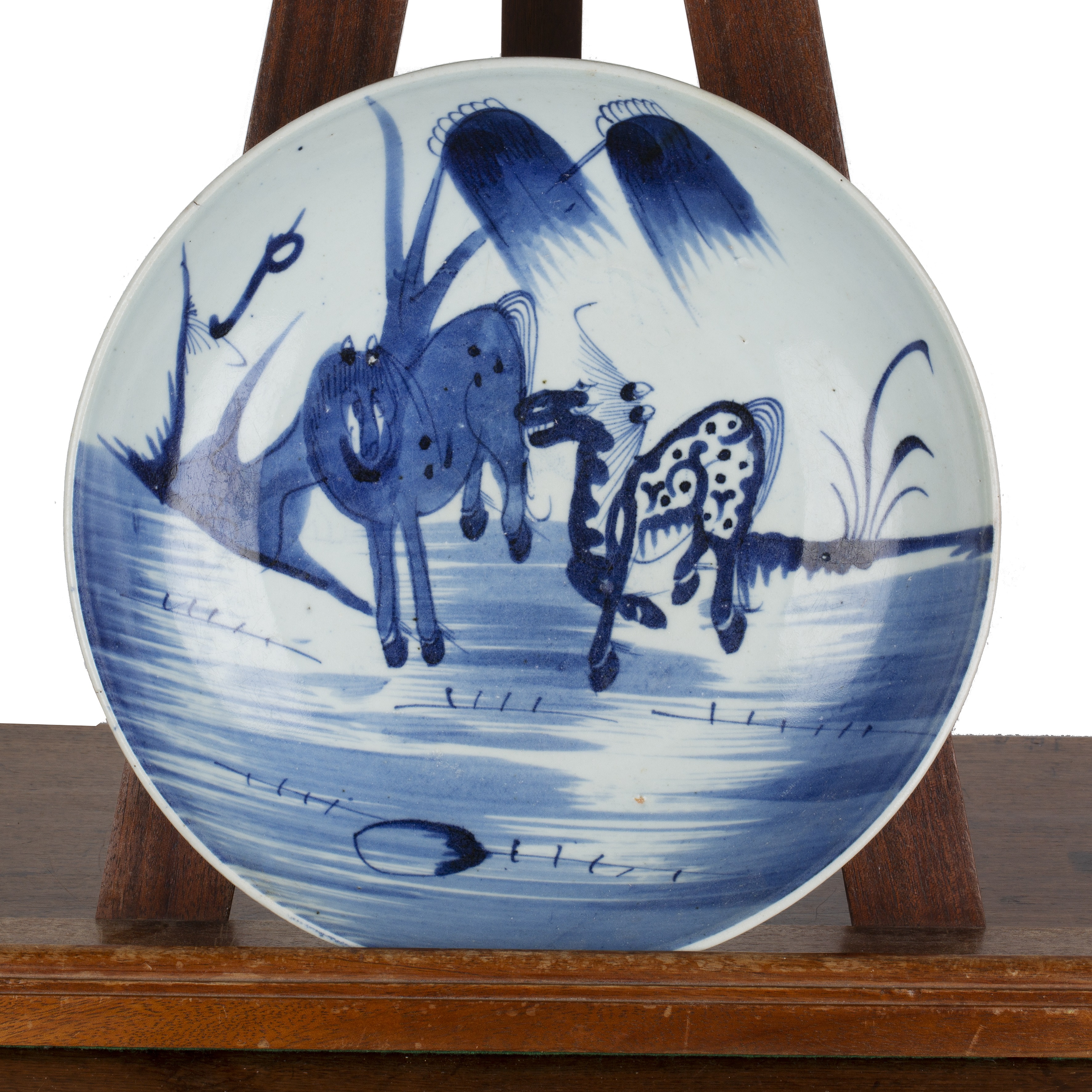 Blue and white porcelain shallow dish Chinese, 18th/19th Century painted with two horses, 28cm - Image 2 of 3