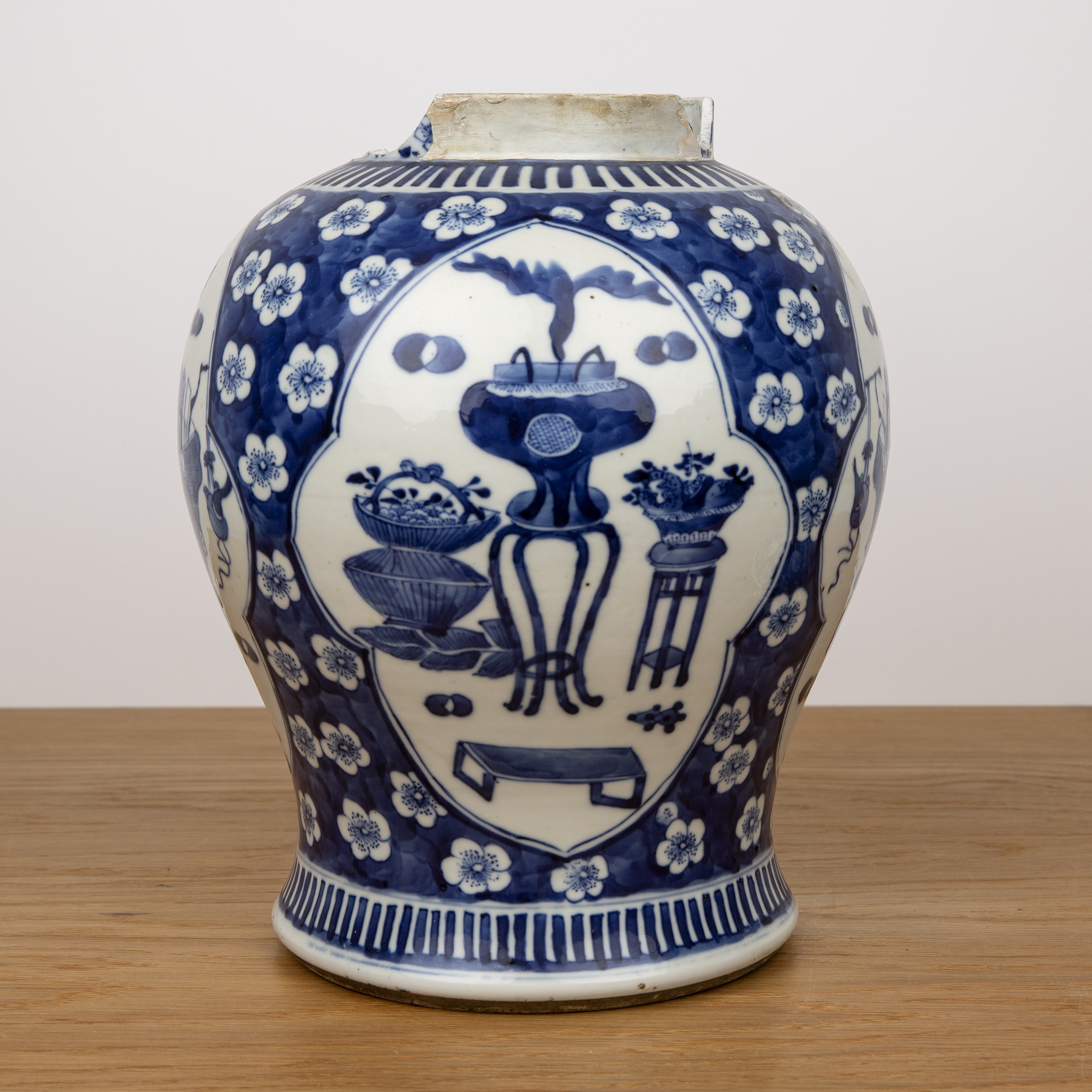 Blue and white porcelain vase and cover Chinese, 19th Century painted with panels of 'antiques' - Image 3 of 7