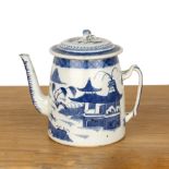 Blue and white export porcelain teapot Chinese, 19th Century painted with temples and a lake