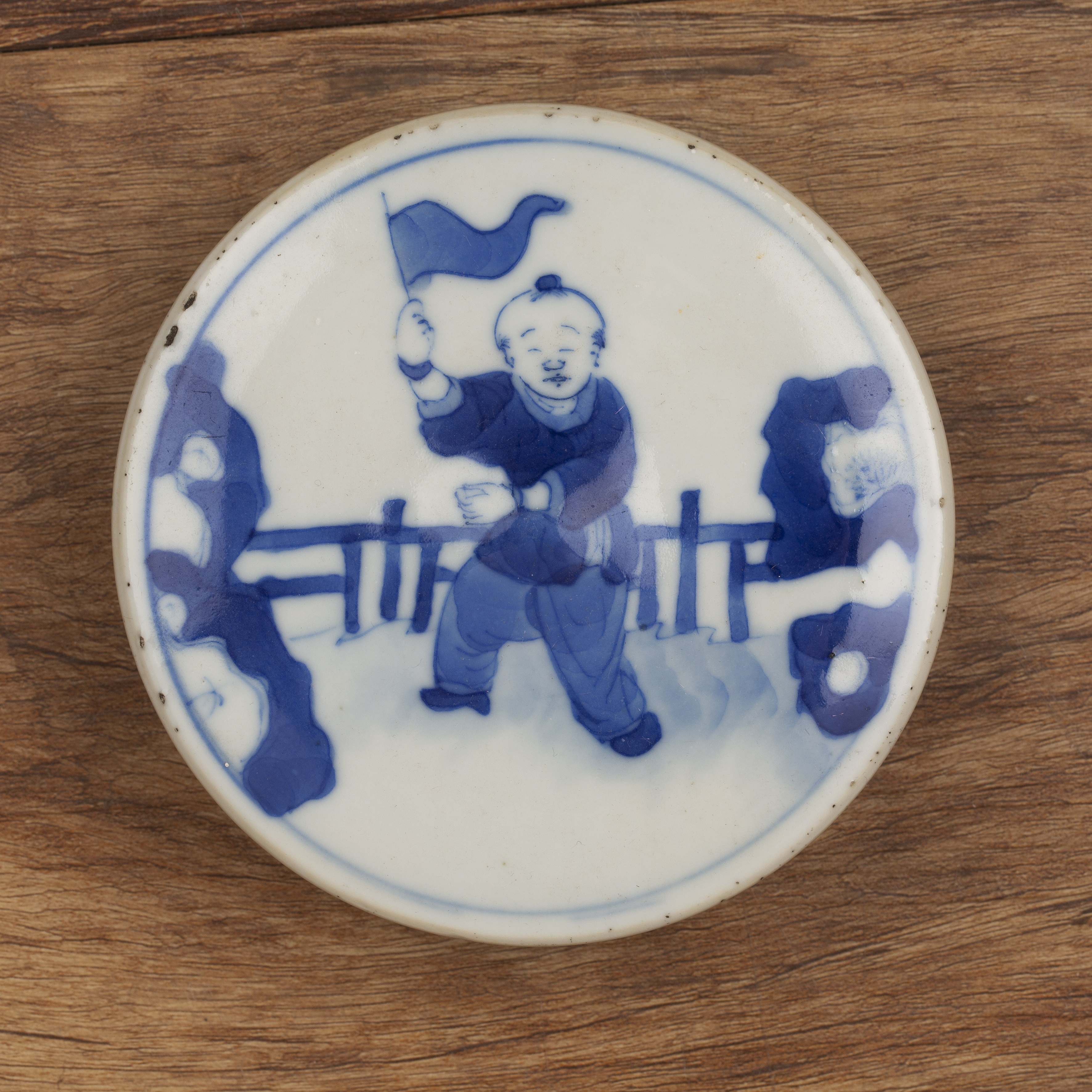 Blue and white porcelain ovoid jar and cover Chinese, Kangxi painted with four panels of children - Image 5 of 15