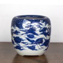 Blue and white porcelain jar Japanese painted with cranes in flight, 16.5cm high x 16.5cm diameter