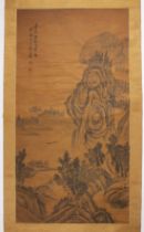 Chinese scroll in the Ming style painted with a mountaineous lakeside scene, ink on silk, with an