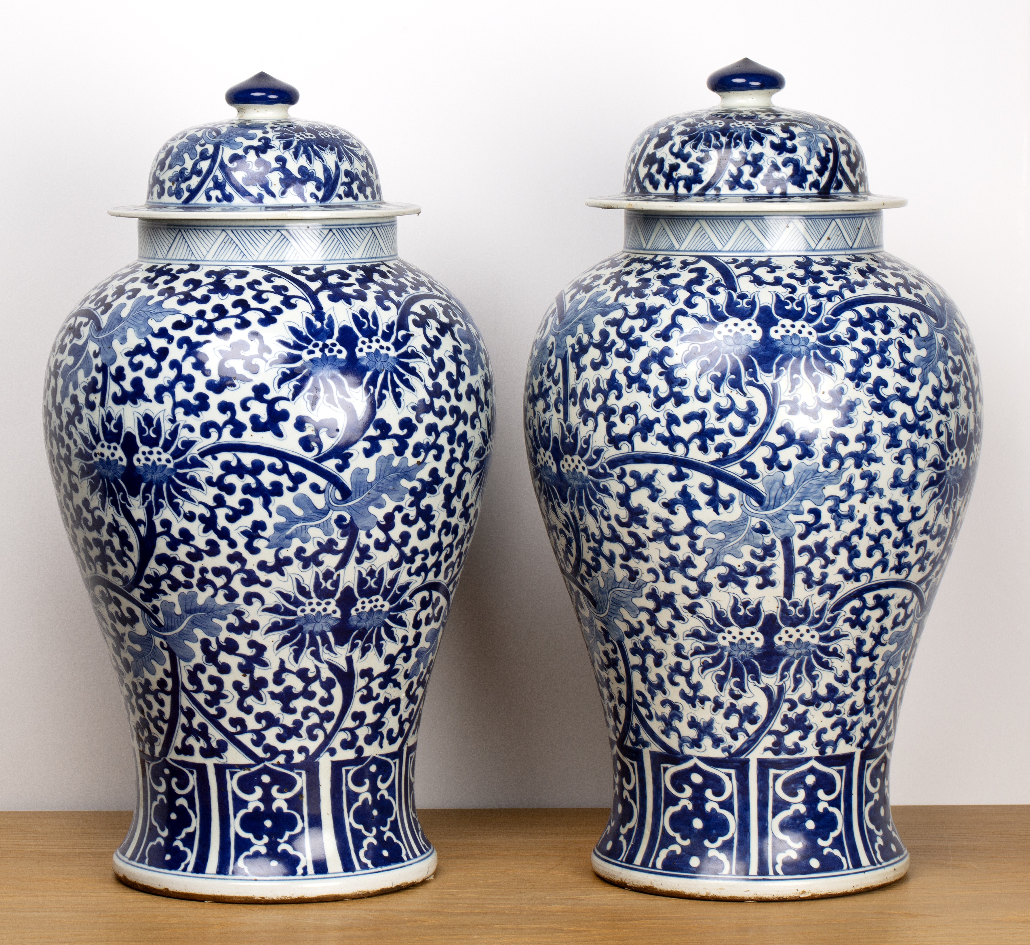 Pair of blue and white vases and covers Chinese, 19th Century with all-over trailing Indian lotus - Image 4 of 8