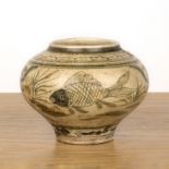 Cizhou-type small ovoid vase Chinese painted with scaled fish within shaped panels, 13.5cm high With