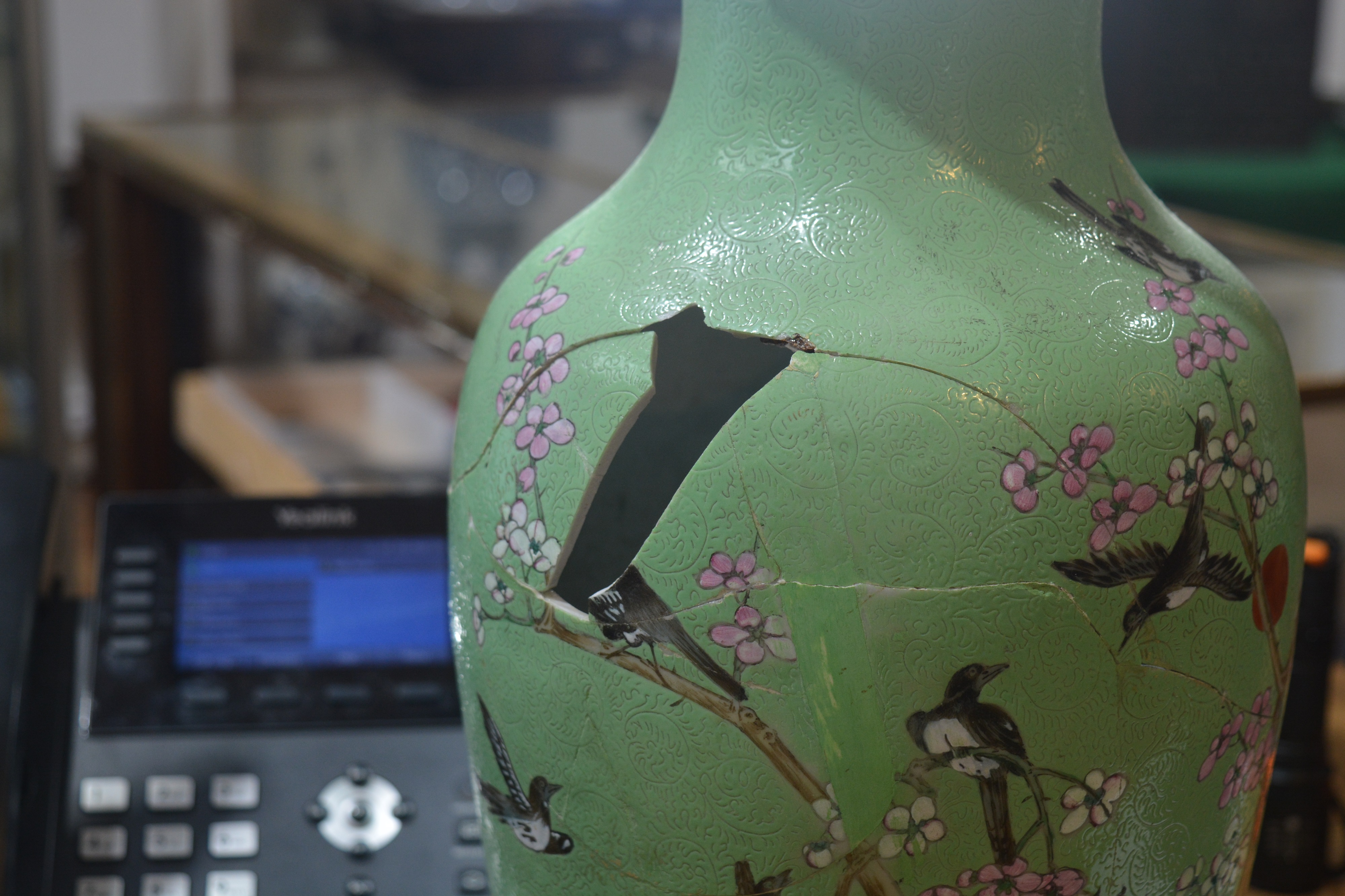 Green and enamel vase Chinese, 19th Century painted with birds and blossom on a an incised ground, - Image 16 of 23