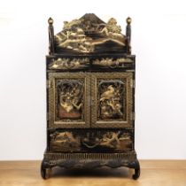 Black lacquer cabinet on stand Japanese the piece with two central doors, the doors opening to