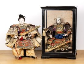 Two Samurai figures Japanese from the Day of the Boy, the first in purple ground dress, with armour,