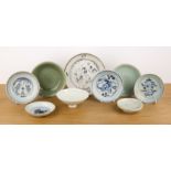 Group of blue and white and celadon porcelain Chinese, Ming and later including a saucer dish