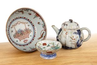 Group of three pieces Chinese and Japanese to include a small Imari teapot, 9cm high, a clobbered