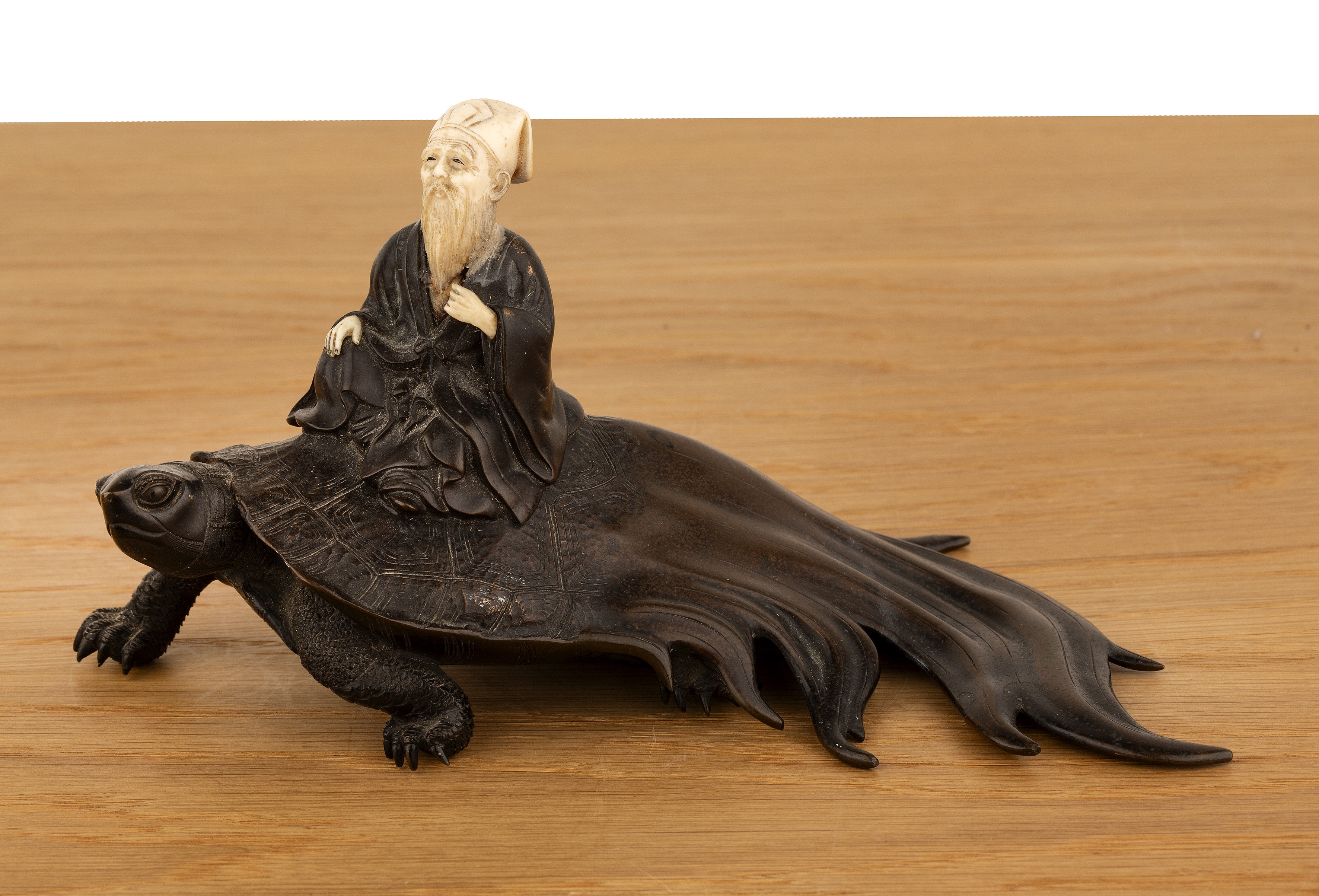 Bronze and ivory model of a Sennin on a long tailed tortoise Japanese, Meiji period symbolising - Image 3 of 6