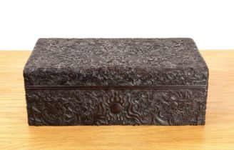 Carved rectangular zitan box Chinese, circa 1900 with all-over dragon, cloud and flaming pearl