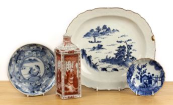 Group of four pieces Japanese including a tokkuri with panels of figures, 22cm, an oval dish with