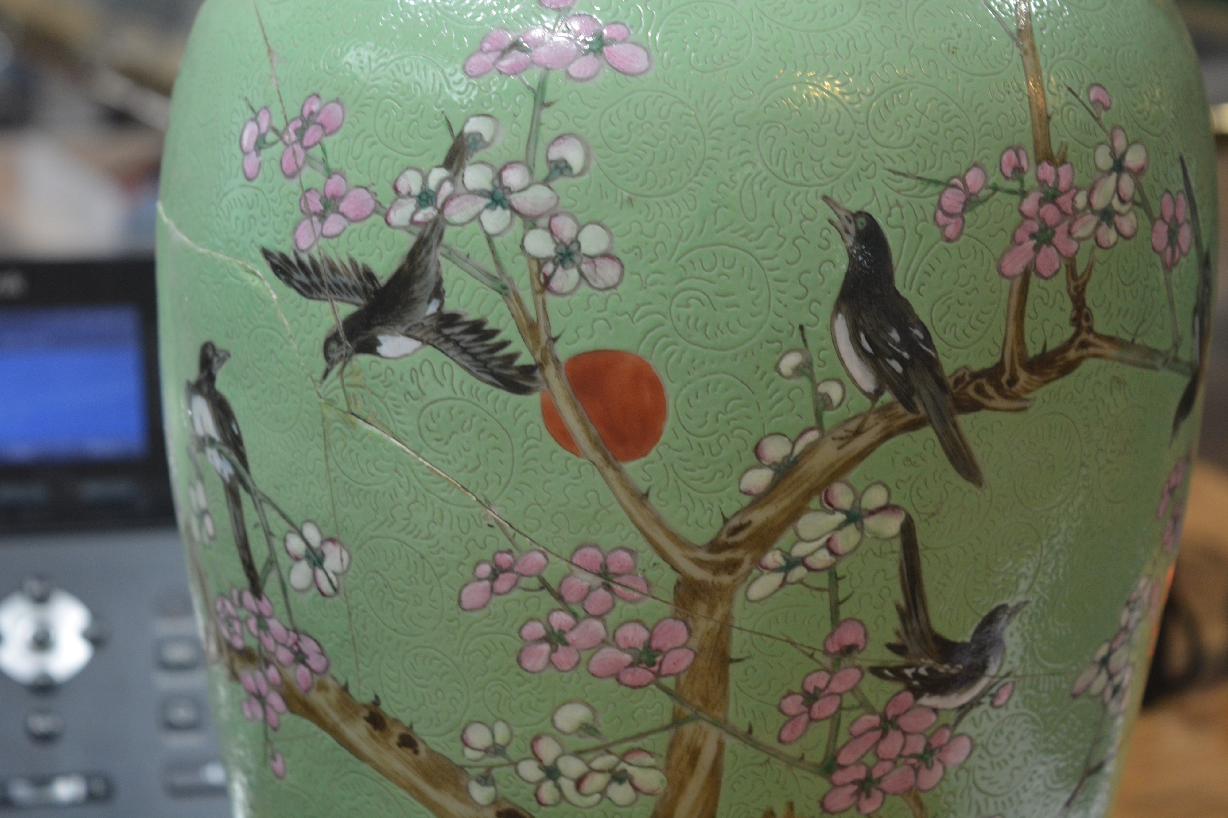 Green and enamel vase Chinese, 19th Century painted with birds and blossom on a an incised ground, - Image 14 of 23