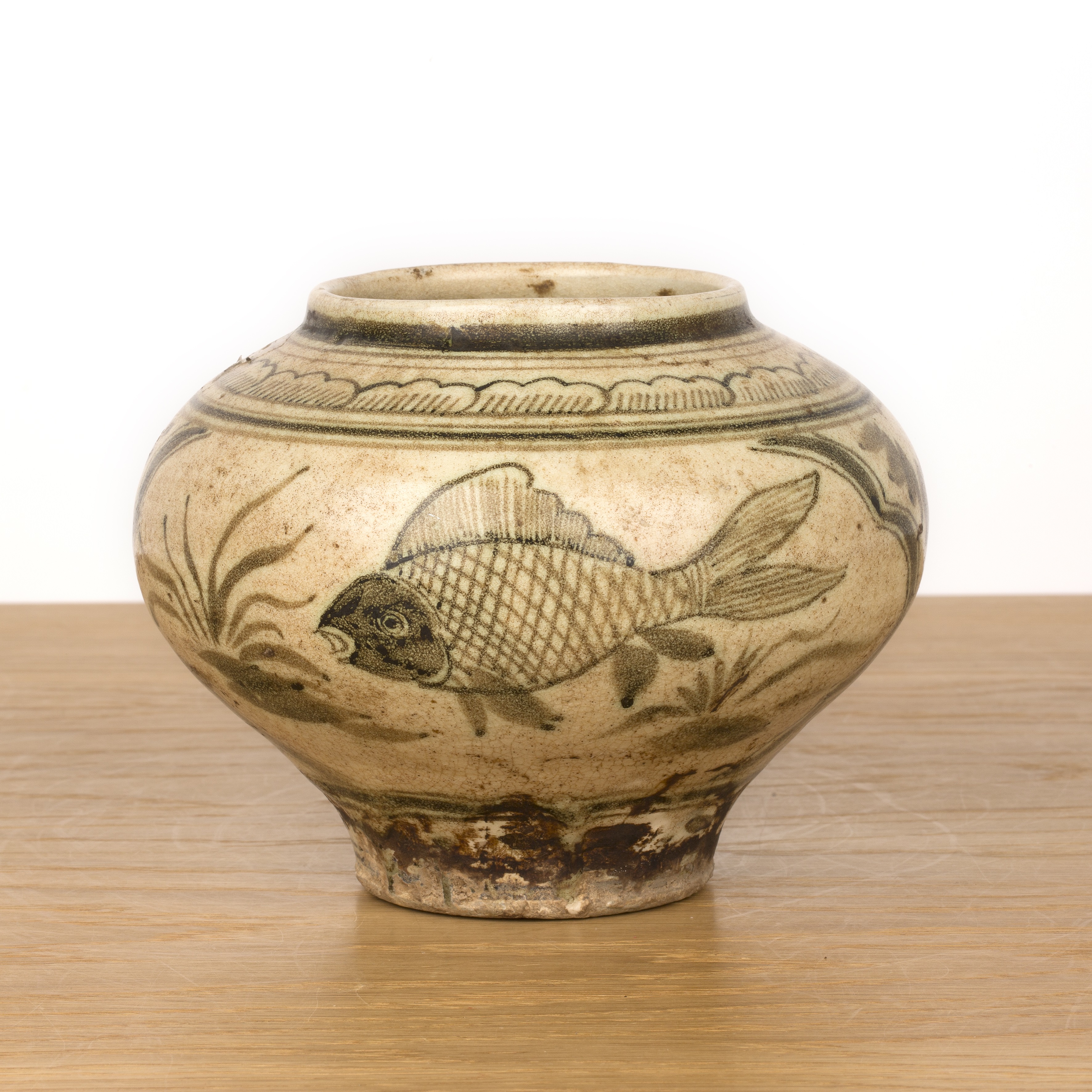 Cizhou-type small ovoid vase Chinese painted with scaled fish within shaped panels, 13.5cm high With - Image 2 of 5