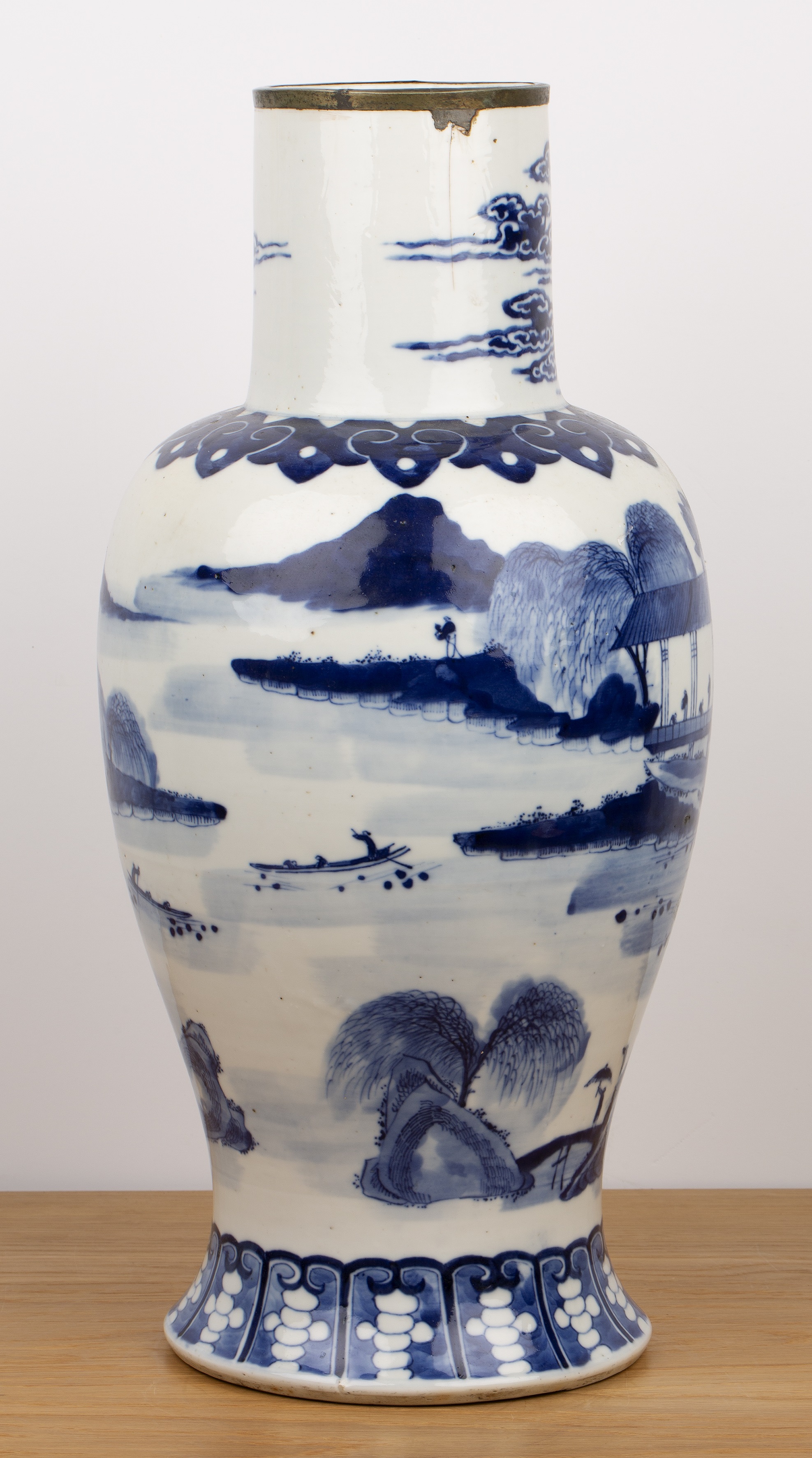 Blue and white vase Chinese, 19th Century with an extensive mountain and lake landscape, within a - Image 3 of 7