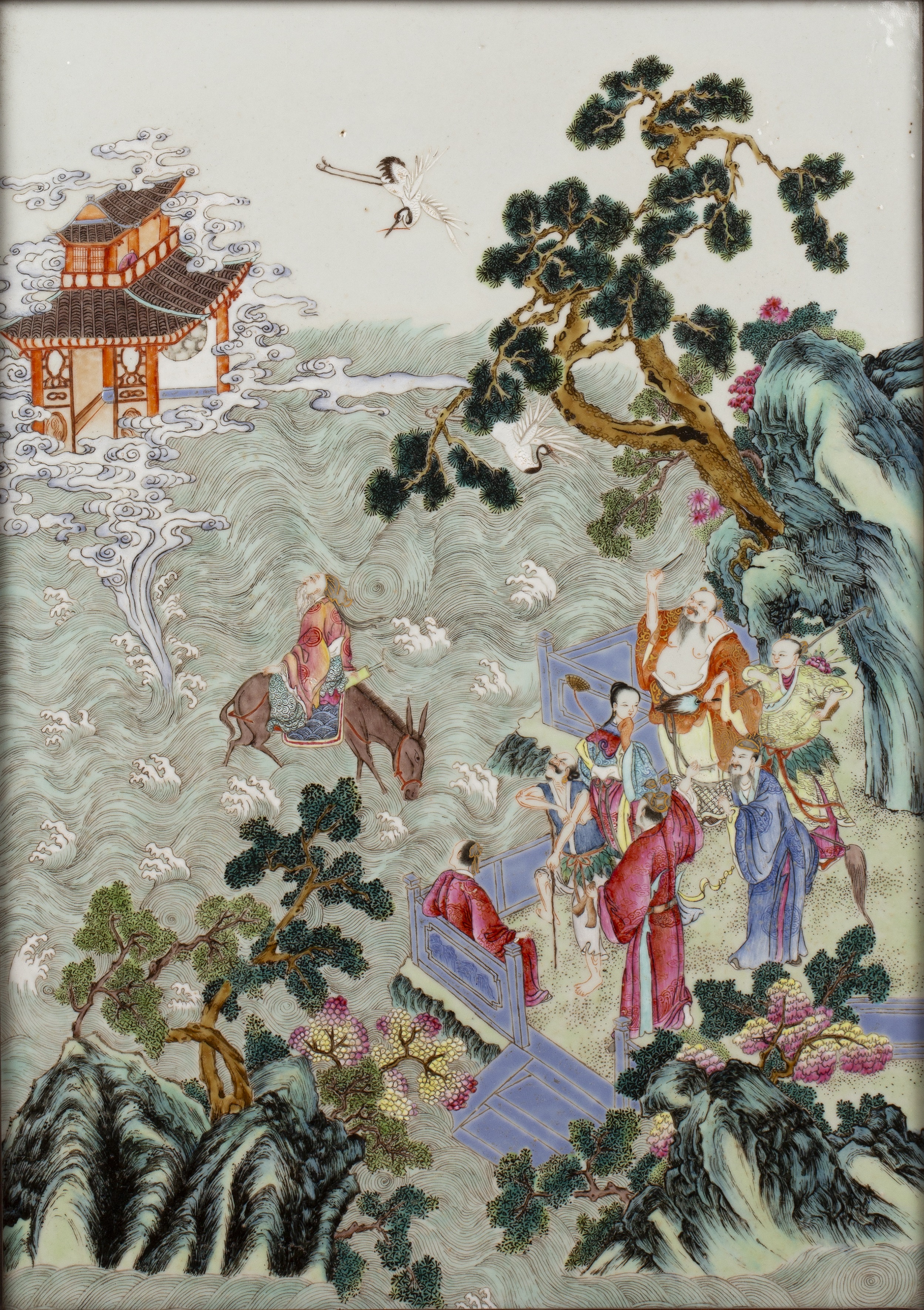 Famille verte panel Chinese, late 19th/20th century with a painted mythical scene from legend,