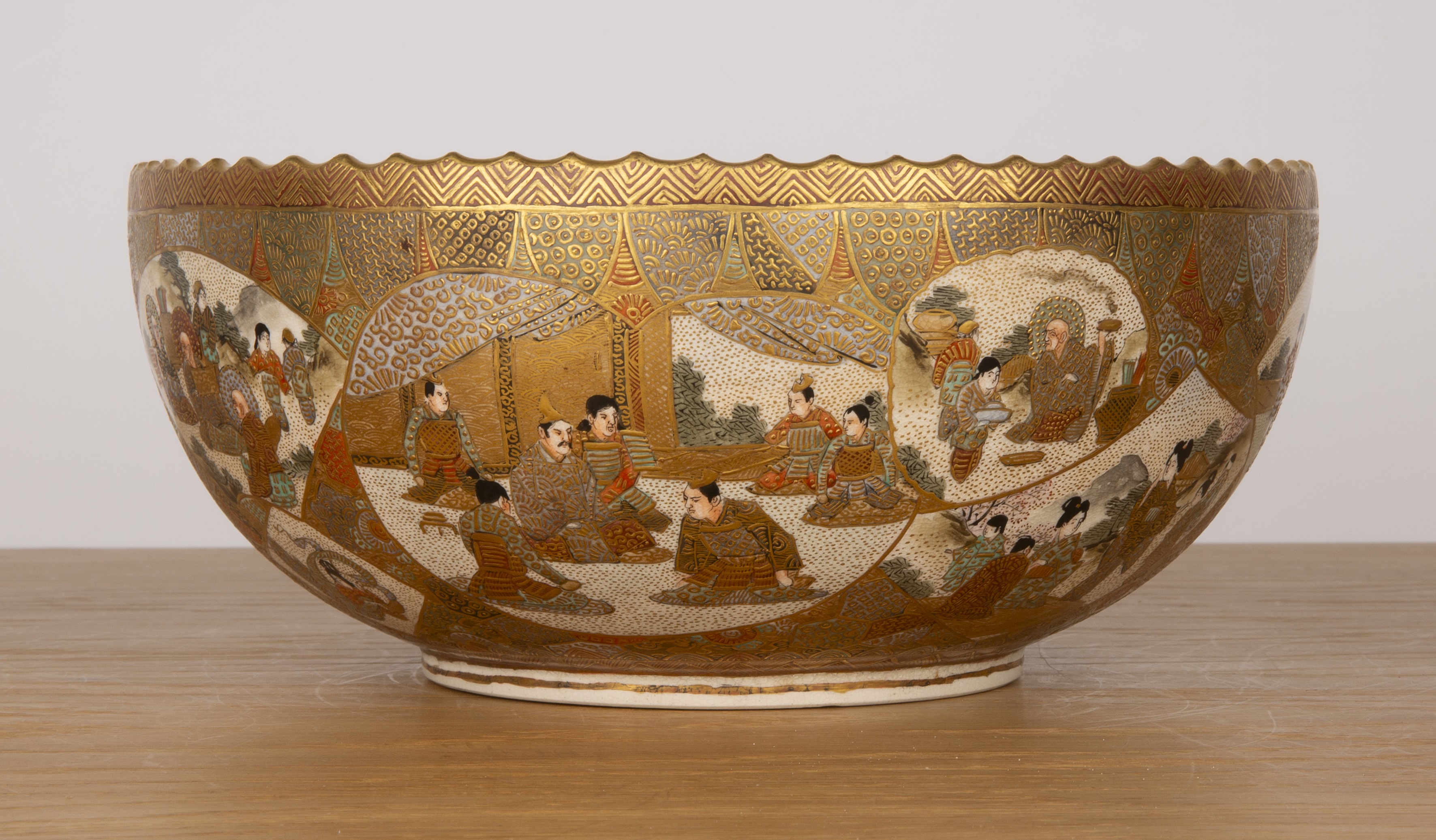 Satsuma bowl Japanese, 19th Century painted with Samurai to the centre, and a fan-shaped panels of - Image 5 of 7