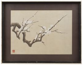 Pair of watercolours Chinese, 20th Century depicting blossoming branches, with red seal mark to
