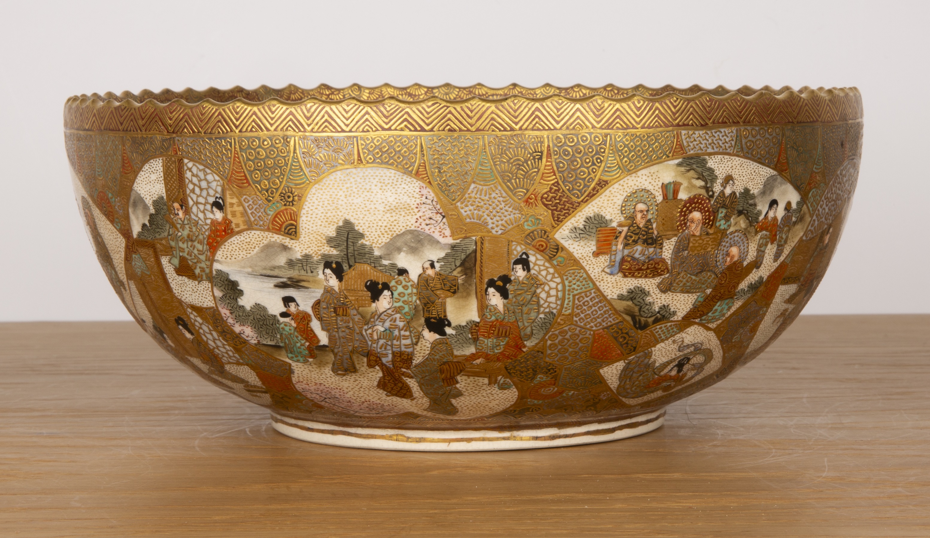Satsuma bowl Japanese, 19th Century painted with Samurai to the centre, and a fan-shaped panels of - Image 4 of 7