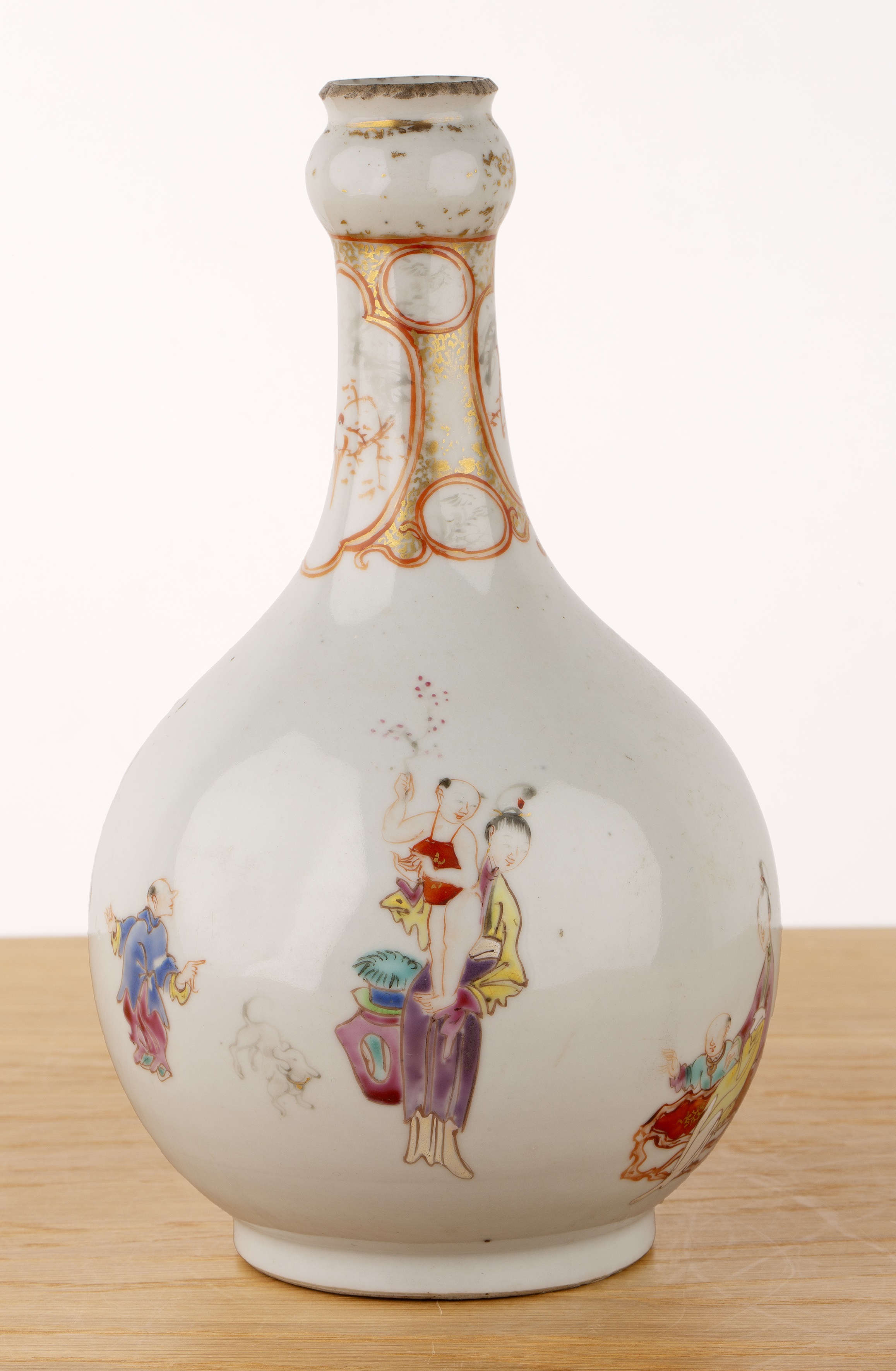 Famille rose porcelain guglet vase Chinese, late 18th Century painted with figures and a dog in an - Image 3 of 5