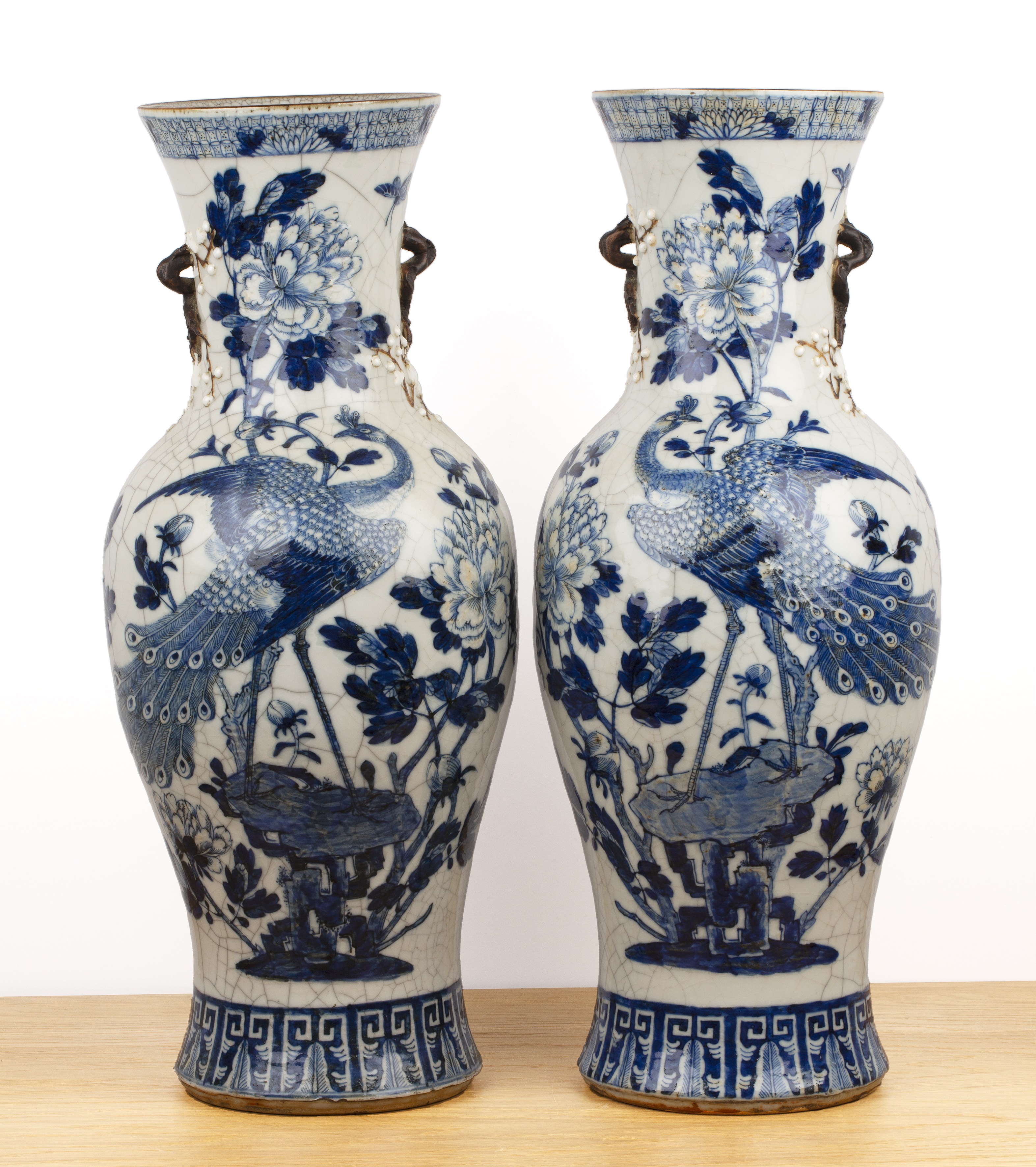Pair of crackleware vases Chinese, 19th Century with phoenix and lotus decoration, raised bocage - Image 2 of 4