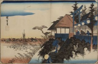 After Utagawa Hiroshige (1797-1858) Japanese four woodblock prints, hand coloured, 'Goyu, Tabbito