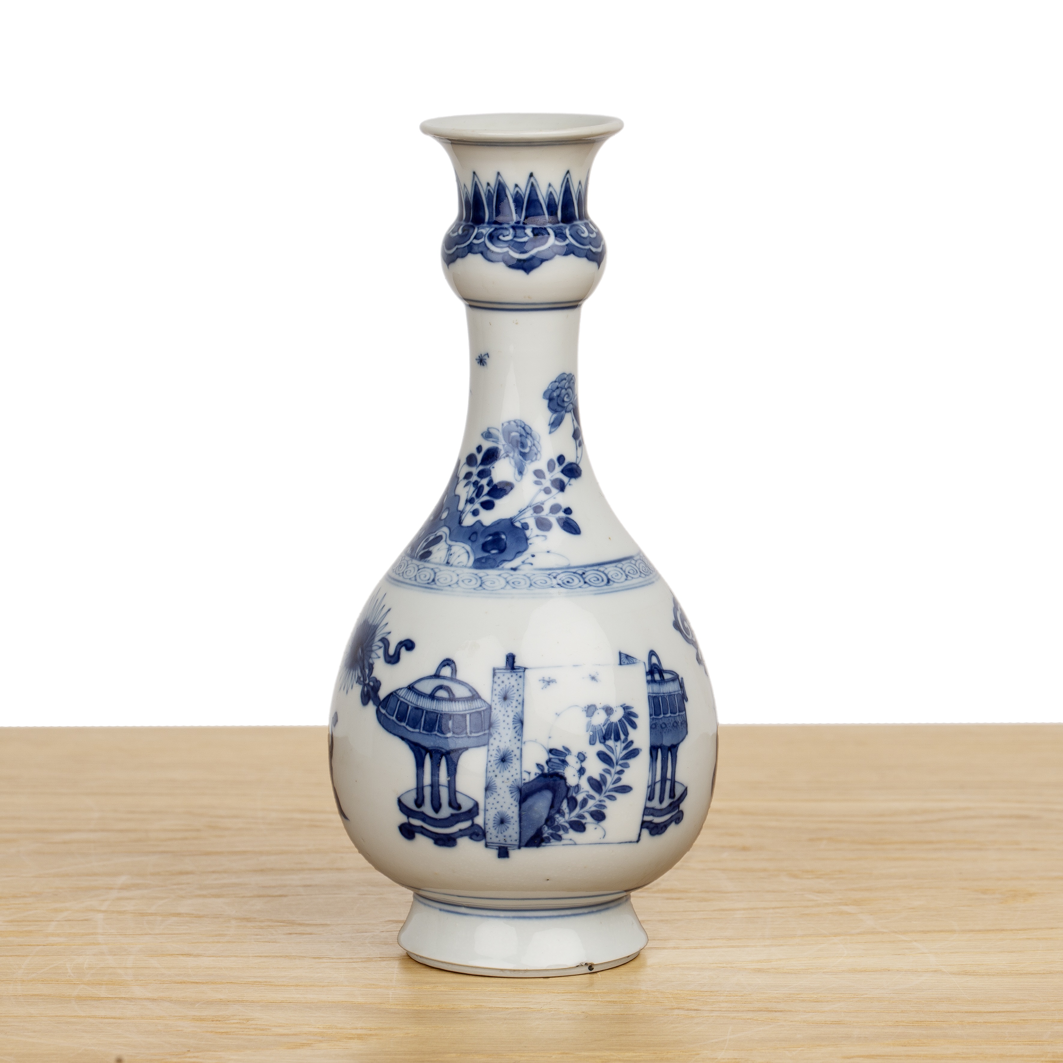 Blue and white porcelain garlic neck vase Chinese, Kangxi painted with 'antiques', rock work, - Image 2 of 3