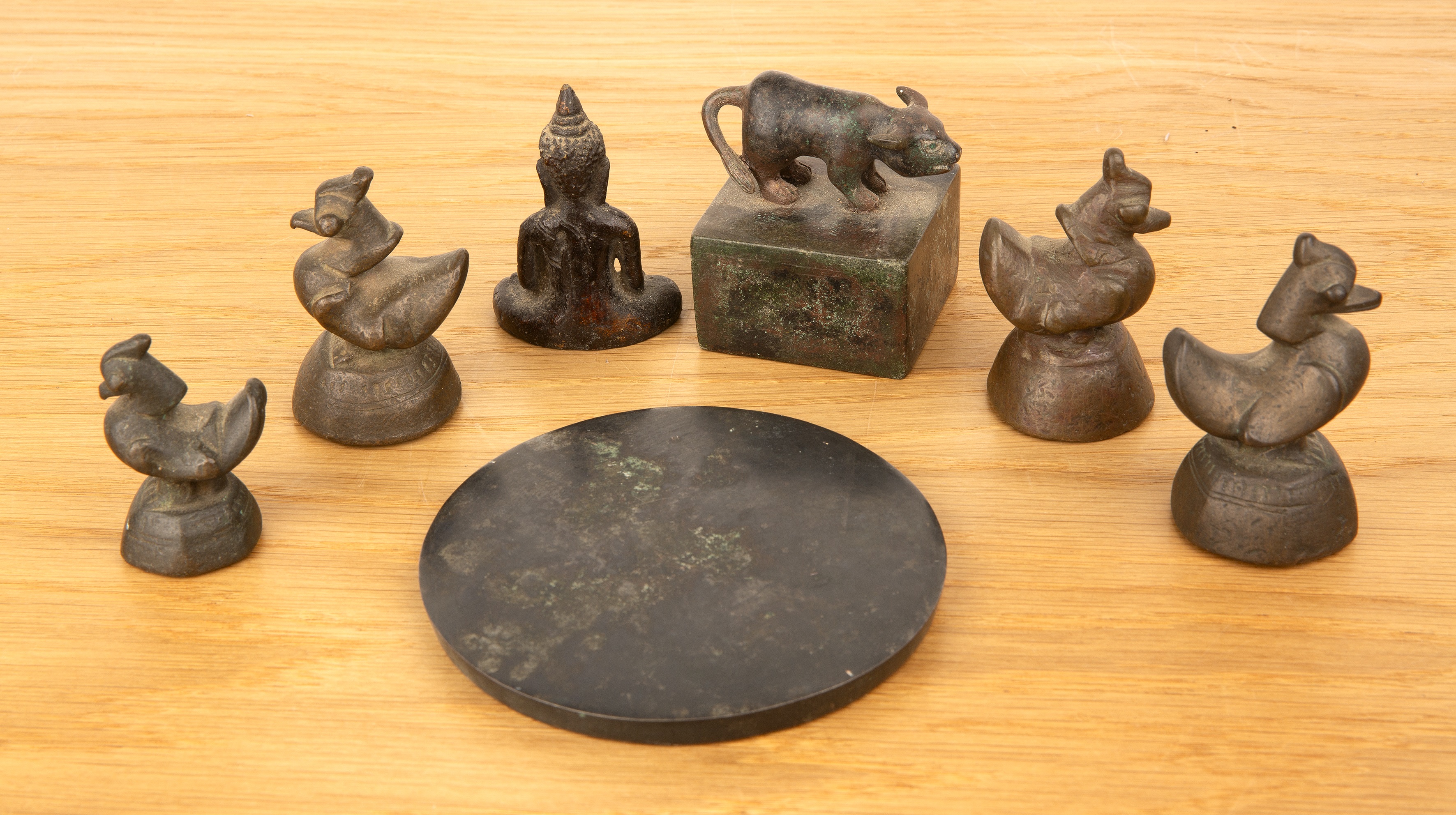 Group of pieces Chinese and Nepalese to include a bronze circular mirror11cm diameter, a small - Image 2 of 6