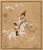 Watercolour miniature in the manner of Hossein Behzad Persian study of a man on horseback in pursuit