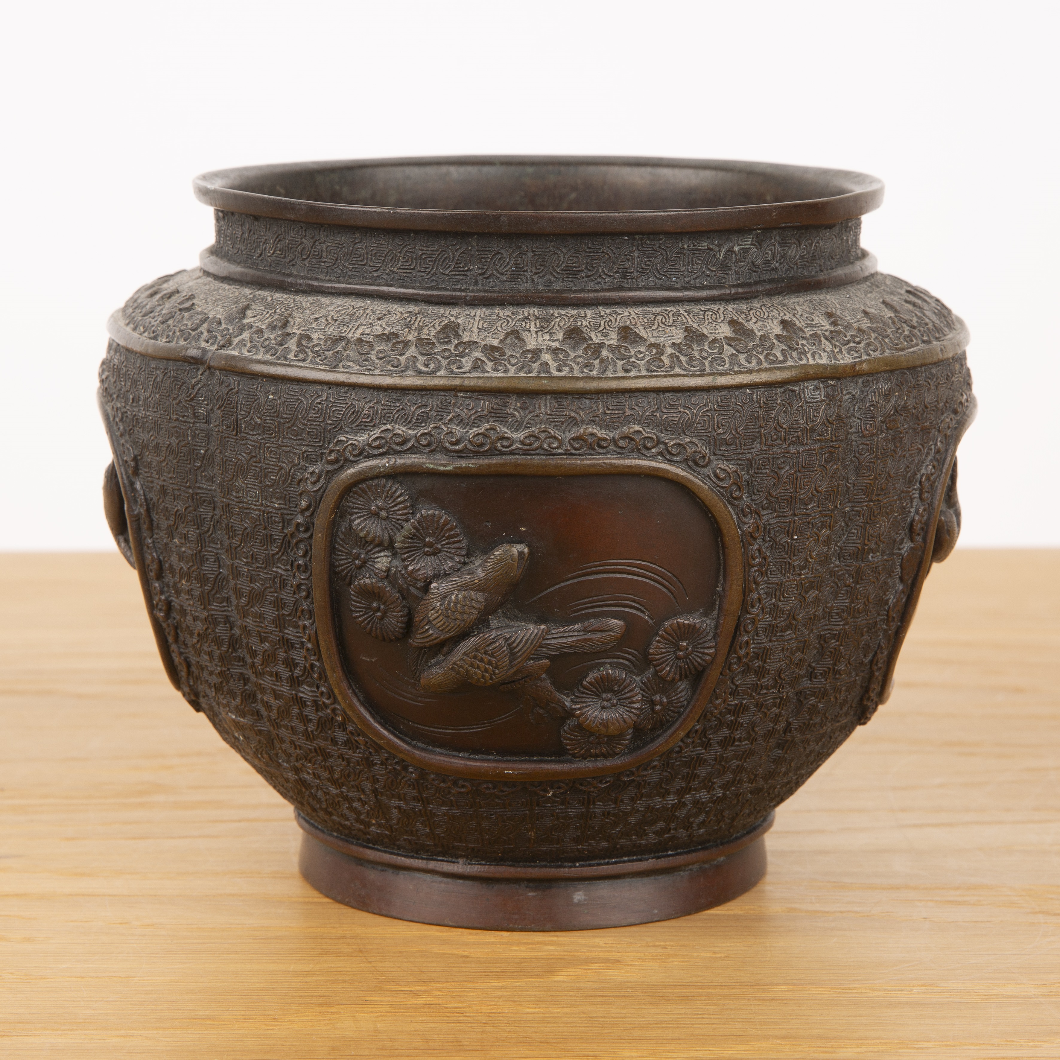 Bronze small jardiniere Japanese, 19th Century with oval panels of birds and flowers, signed to - Image 3 of 6