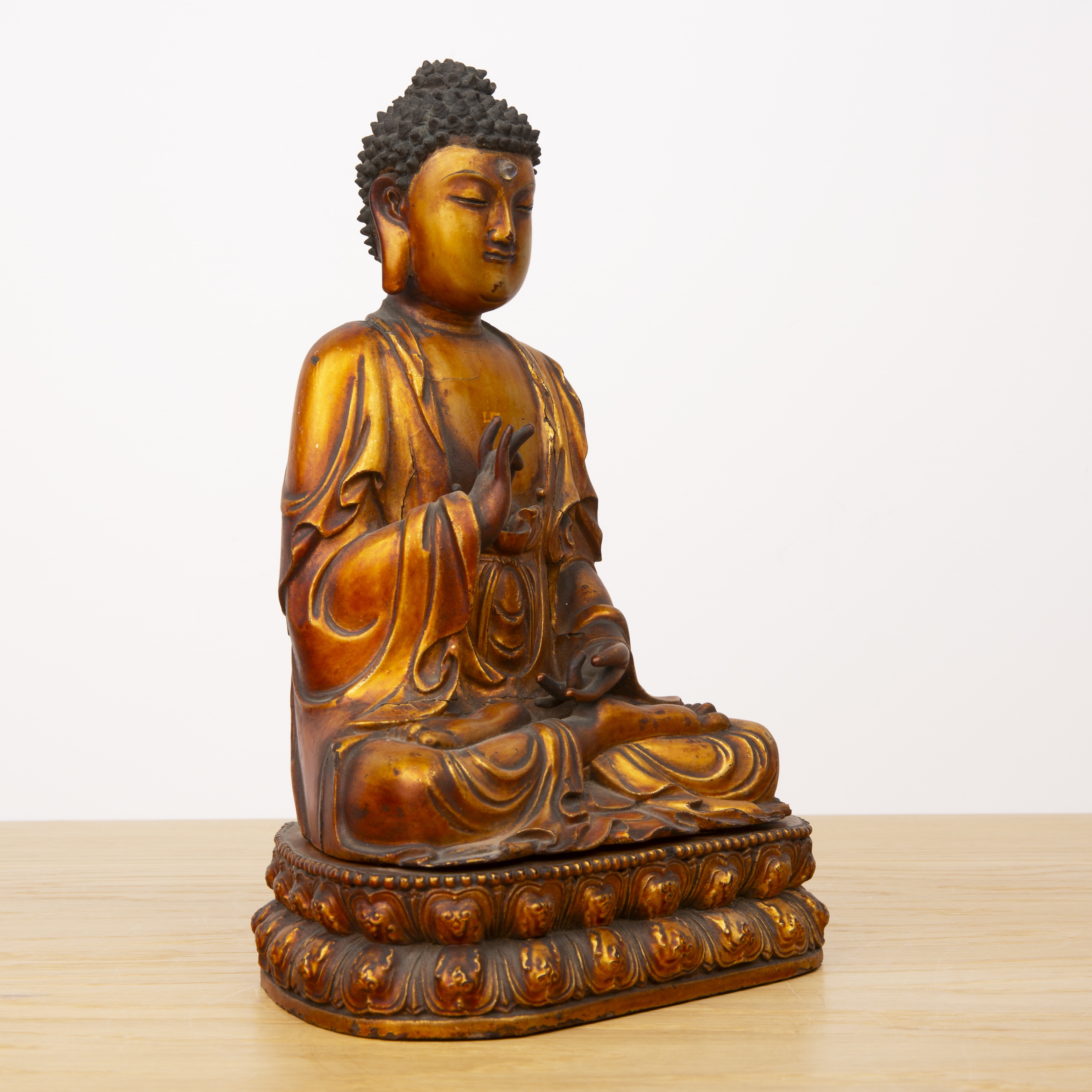 Giltwood seated buddha Japanese, 19th Century the seated figure with hand raised and on a double - Bild 3 aus 15