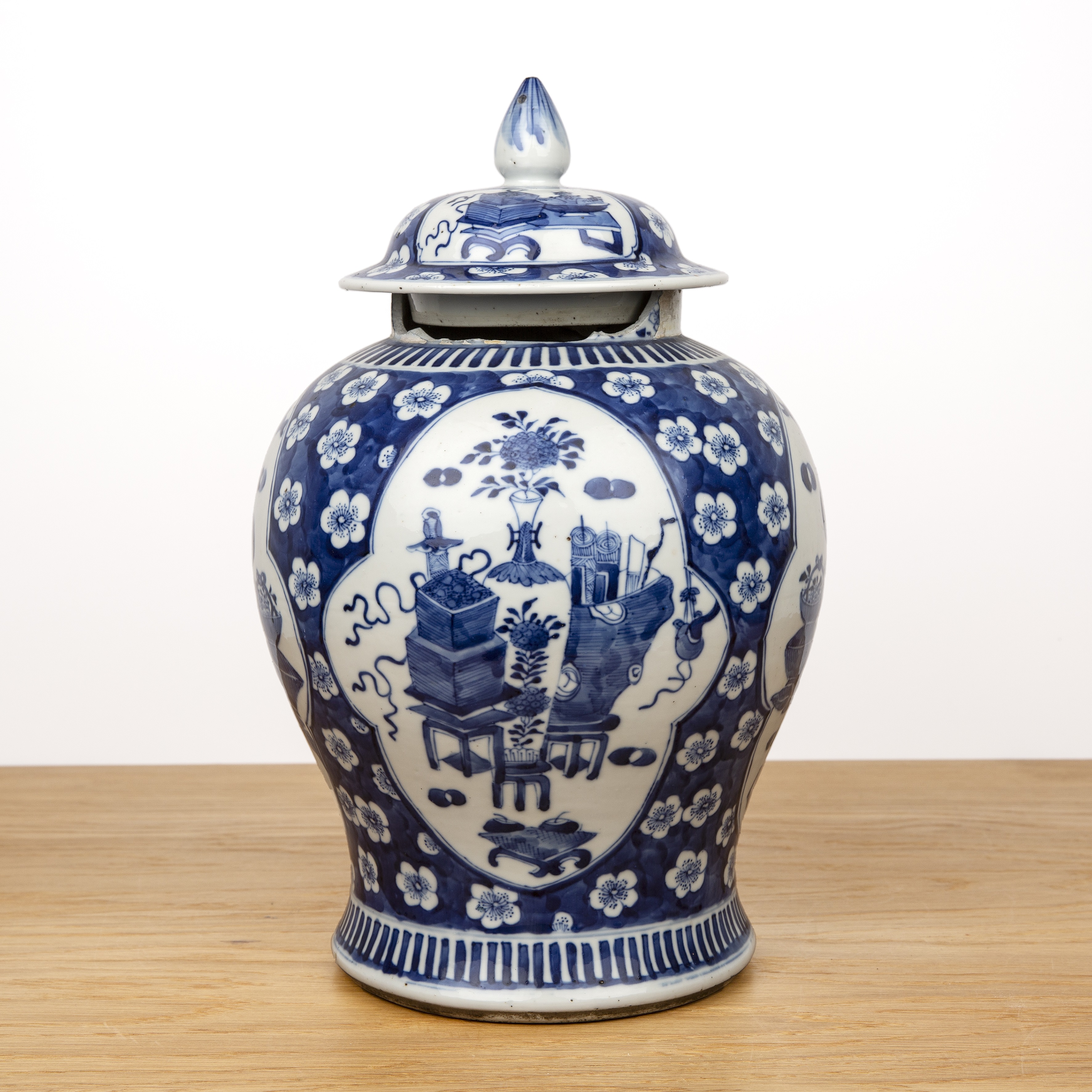 Blue and white porcelain vase and cover Chinese, 19th Century painted with panels of 'antiques'