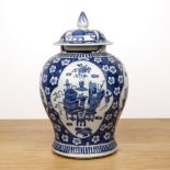 Blue and white porcelain vase and cover Chinese, 19th Century painted with panels of 'antiques'